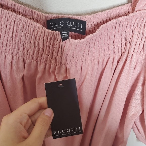 Eloquii Pink Square Neck Ruffled Smocked Front Linen Mini Day Dress - Picture 10 of 11